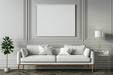 Wall Mural - Modern apartment living room with blank mock-up frame above sofa. Contemporary styled interior featuring gray sofa, an empty frame on the wall and house plants