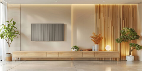 Sticker - Modern minimalist beige wood  cabinet TV with storage space, copy space background, 