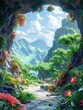 3D fantasy illustration of a hidden valley with magical creatures