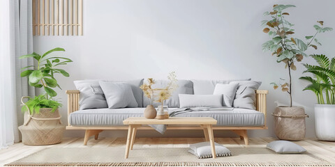 Canvas Print - simple living room interior with a wooden sofa and table on  white wall background , 