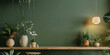 olive green wall with a wooden table and hanging light on it, decorated with plants and flower, modern green living room