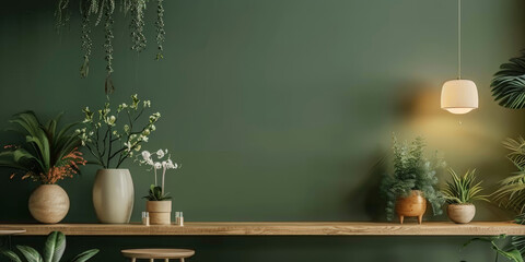 Wall Mural - olive green wall with a wooden table and hanging light on it, decorated with plants and flower, modern green living room