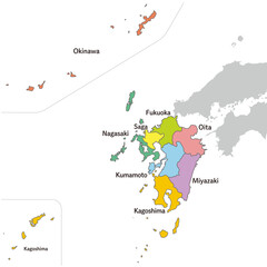 Wall Mural - 九州・沖縄地方、九州沖縄地方のカラフルな地図、英語の県名入り