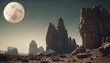 A vast moon hangs over towering rocks, faintly eclipsed. Soft shadows dance in ambient light, enveloping a mysterious, otherworldly landscape.
