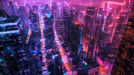 Wall Mural - Futuristic city dominated by numerous towering skyscrapers reaching into the sky, showcasing a bustling urban environment with advanced architecture