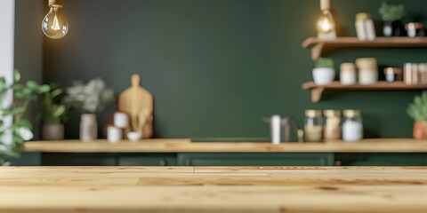 Wall Mural - Empty wood table top counter on modern kitchen interior background , empty wooden table in green wall room background ,Banner, Ready for product display