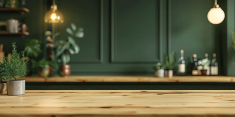 Wall Mural - Empty wood table top counter on modern kitchen interior background , empty wooden table in green wall room background ,Banner, Ready for product display