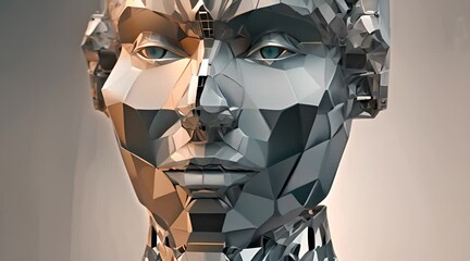 Wall Mural - Abstract 3d animation polygonal human face 3d render cyborg head construction artificial intelligence concept video with alpha matte