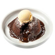 A decadent chocolate lava cake with molten chocolate center, served with a scoop of vanilla ice cream, isolated on transparent background