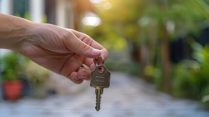 Wall Mural - Hand holding house keys with new house blurred background