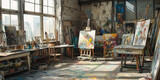 Fototapeta  - A image of an art studio filled with paints, brushes, easels, and works-in-progress, where artists are busy creating their next masterpiece