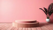 Beautiful original template for design - podium on wooden flooring against background of pink wall with texture and shadow of tropical leaves.