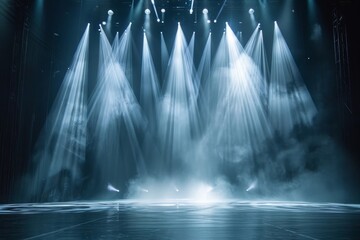 Wall Mural - Artistic performances stage light background with spotlight illuminated the stage for contemporary dance. Empty stage with monochromatic colors and lighting design. Entertainment, Generative AI