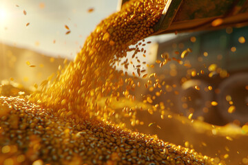 Wheat or cereal grains spilling from the combine. Spilling grain close up
