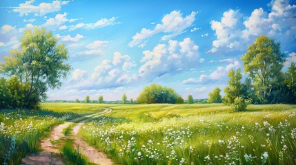 Poster - The painting features a blooming spring field, a sunny day, blue skies, as well as a light cloudy sky. Original oil painting on canvas. The work is the author's.