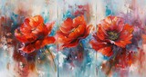 Fototapeta Panele - Paintings on canvas with watercolor red flowers. Interior decoration set with designer oil paintings.