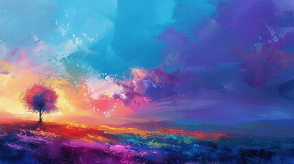Poster - Landscape painting abstract. Blue purple sky in oil on canvas. Nature landscape painting, art for background.