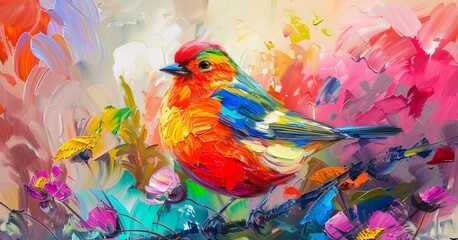 Poster - Painting with brushstrokes on canvas of an abstract painting of a bird and spring flower. Illustration oil painting of an animal and floral in the background.