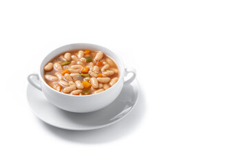 Wall Mural - White beans soup with vegetables in white bowl isolated on white background. Copy space