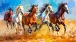The painting depicts an artistic drawing of a herd of Arabian horses