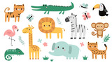 Fototapeta Pokój dzieciecy - Cute African Safari zoo animal set. Cartoon giraffe, iguana, zebra, alligator crocodile, elephant, cheetah, flamingo bird, lion monkey tiger, toucan, butterfly. Flat design White background Vector