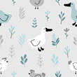 Seamless pattern with cute duck, chicken and plants for your fabric, children textile, apparel, nursery decoration, gift wrap paper. Vector illustration