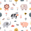 Seamless pattern with cute animals and flowers for your fabric, children textile, apparel, nursery decoration, gift wrap paper, baby's shirt. Vector illustration