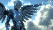 Angel robot in heaven Serene robotic angel, with glowing wings, patrols heavenly realms, ensuring harmony and order , hyper realistic, low noise, low texture