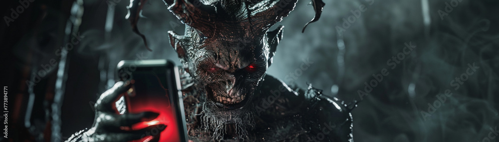 Demon with smartphone Sinister figure managing underworld affairs ...