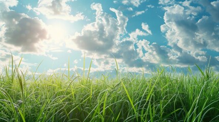 Sky And Grass. Beautiful Scenic View of Green Grass Field under Cloudy Sky