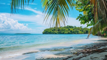 Wall Mural - Beach Background. Tropical Island with Palm Leaves on Sandy Shore