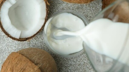 Wall Mural - Coconut milk pouring into a glass among coconuts, top view, slow motion.