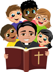 Wall Mural - Group of multicultural happy kids surrounding christian priest reading holy bible book isolated on white
