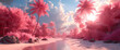 A dreamlike image of a river winding through a vibrant pink forest under a warm, glowing sky with reflective water