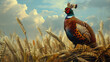 Pheasant as king Pheasant with a regal crown, on a throne of wheat, symbolizing rustic nobility and fertile dominion , hyper realistic, low noise, low texture