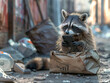 Raccoon with smartphone Raccoon scavenging digital trash, a clever urban survivor in the digital world , hyper realistic, low noise, low texture