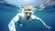A man is enjoying leisurely underwater diving with a mask on, exploring the fascinating organisms in the water. He wears protective eyewear and enjoys the fun recreational activity