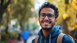 Fototapeta  - Photo of positive glad arabian man studying university international exchange program summer holidays outdoors