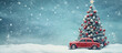 Red retro miniature toy car delivering, carrying Christmas or New Year gifts on top, on festive snow gray background. Christmas invitation card background.