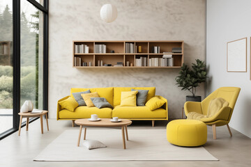 Wall Mural - Bright living room interior with yellow sofa armchair coffee table bookshelves and large windows