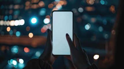 Wall Mural - On Mobile Phone. Women Using Smartphone at Night in City, Texting Message on Touch Screen