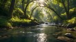 A tranquil river winding its way through a sun-dappled forest, alive with the beauty of nature see