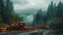 A wide landscape of forestry shows pine and spruce trees towering above, with the foreground dominated by a substantial pile of log trunks, representing the timber wood industry