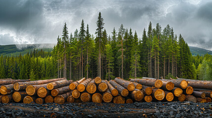 A wide panoramic view of a forest, showcasing towering pine and spruce trees, with a pile of log trunks evidencing the logging timber wood industry