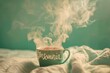 Steaming mug with 'Insomnia' label, warm drink in a cold, sleepless night.