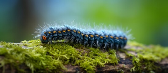 Sticker - A close up of a caterpillar moving slowly on a vibrant green mossy branch in a forest environment