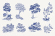 Set of trees and bushes. Vector vintage illustration. Blue and white