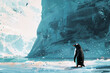 A solitary penguin standing tall against the backdrop of an icy cliff.