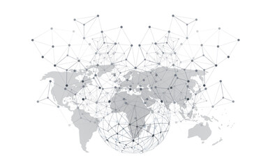Poster - Black and White Global Networks Concept with World Map and Wire Frame - Digital Polygonal Network Connections, Science and Technology Background, Creative Design Template Isolated on White Background