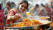 Street food, diverse culinary concept. Variety of cooked curries on display in india